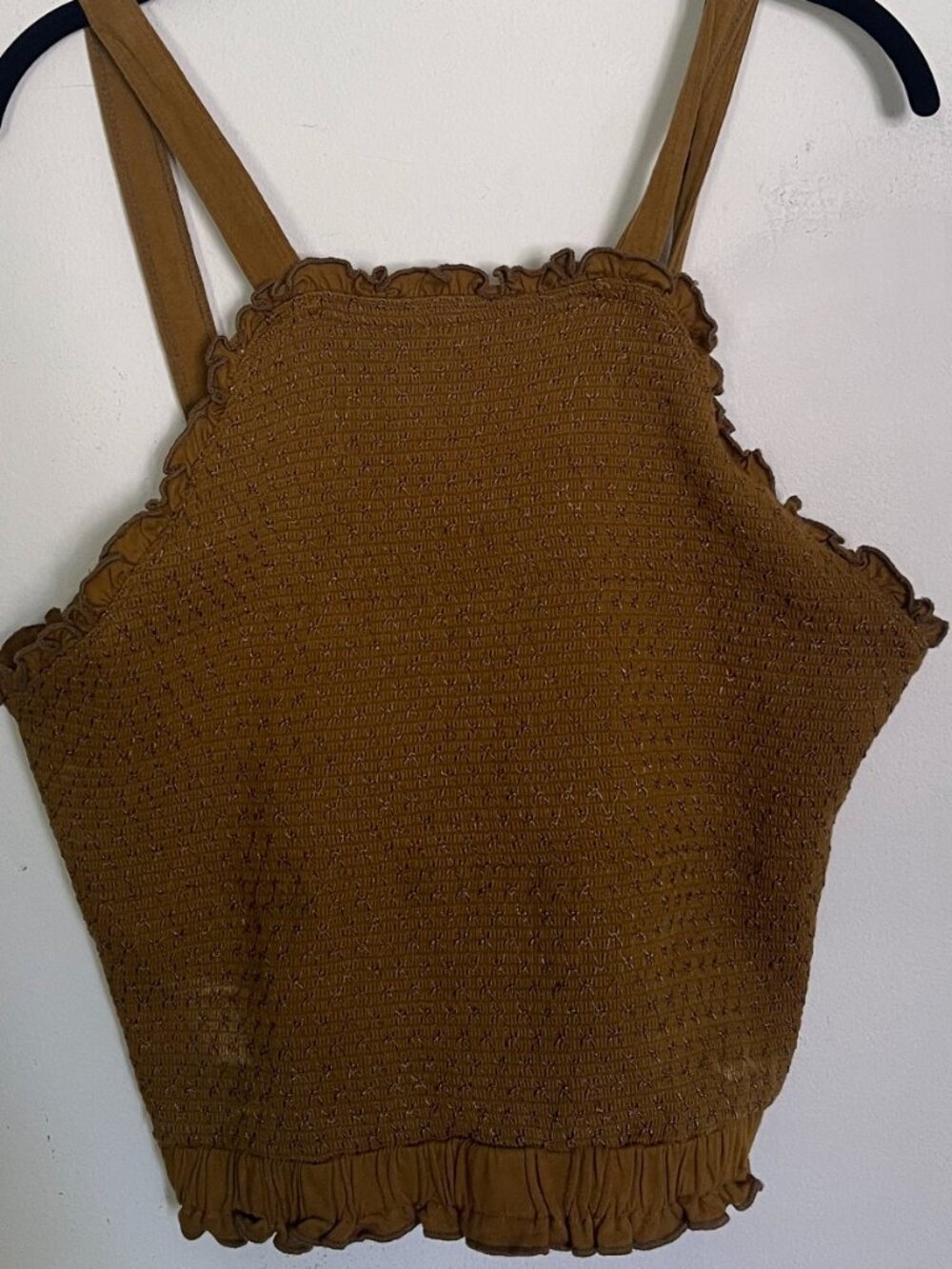 Anthropologie Women's Large Brown Smocked Crop Top Square Neck Lettuce Trim T8